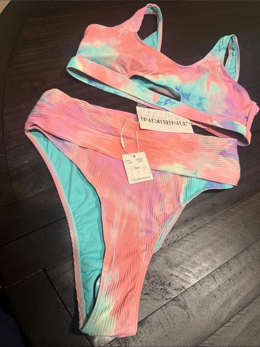 TiniBikini pink and blue tie-dye ribbed two-piece bikini set NWT Size L